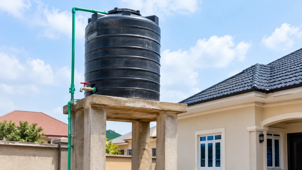 Black plastic overhead water storage tank on a raised concrete stand beside a Nigerian residential building, with visible water pipes.