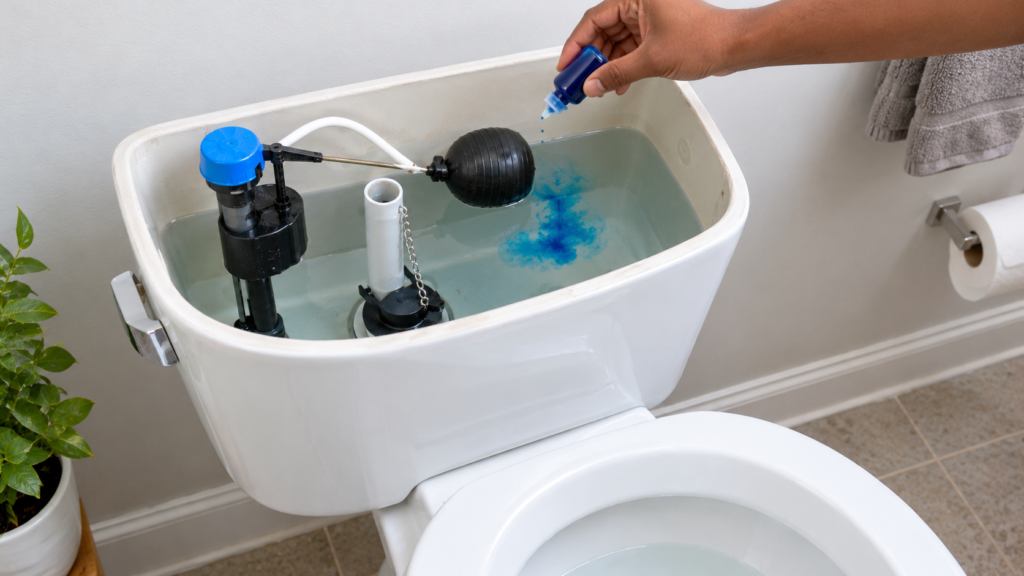 Adding food colouring to a toilet cistern to check for a leak into the bowl.