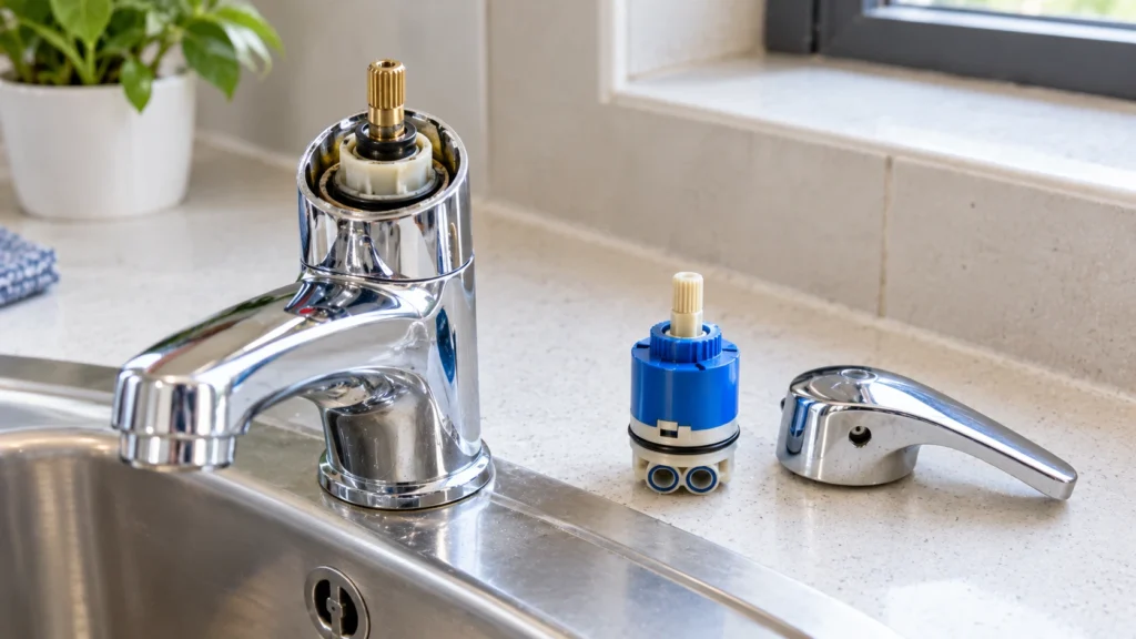 Replacement cartridge beside a single-lever mixer tap during inspection.