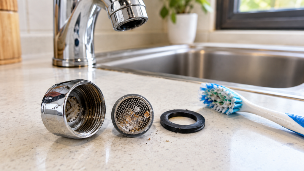 Disassembled kitchen tap aerator showing a clogged metal mesh screen, threaded casing, rubber washer and toothbrush.