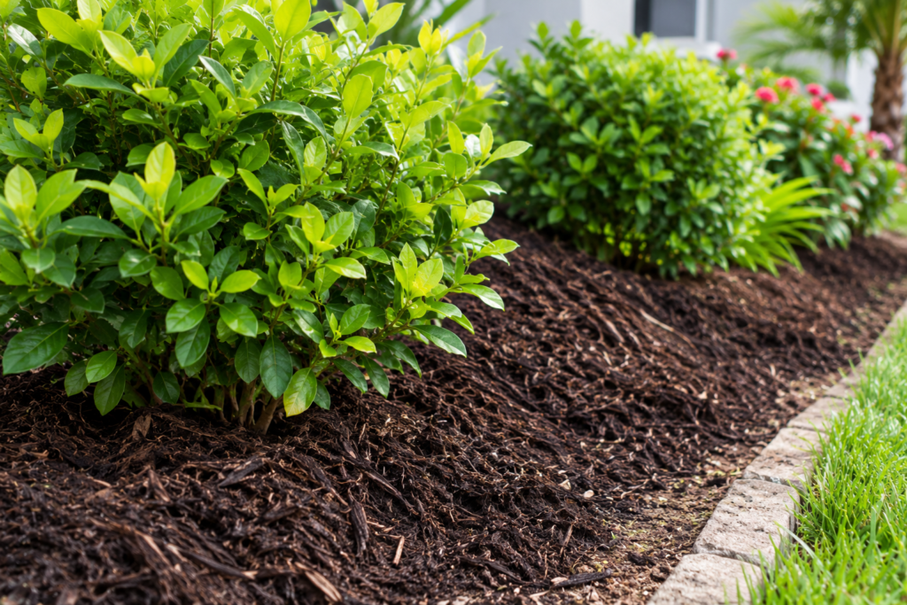 Dark mulch spread around the base of green shrubs in a garden bed.