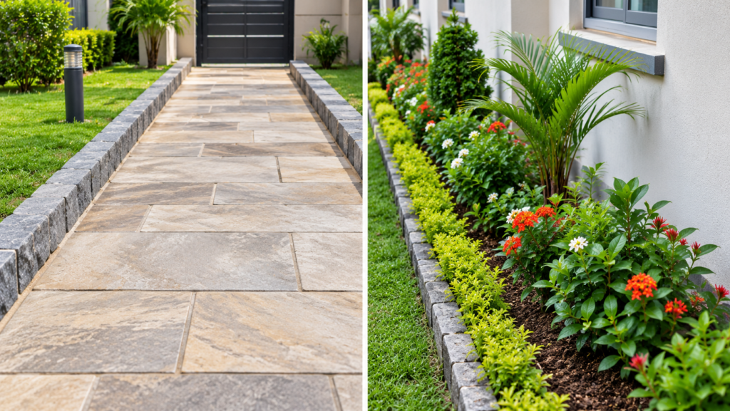 A stone paving path on one side and a planted shrub border on the other, showing hard and soft landscaping