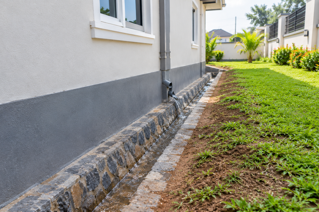 Ground sloping away from a house wall with a stone-lined channel carrying rainwater.