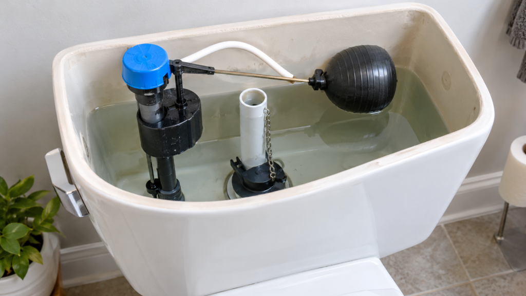 Open toilet cistern showing the float, fill valve, overflow tube, and flush valve.
