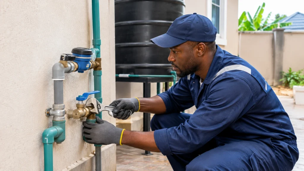 Plumber inspecting household water supply pipes to investigate low tap pressure.