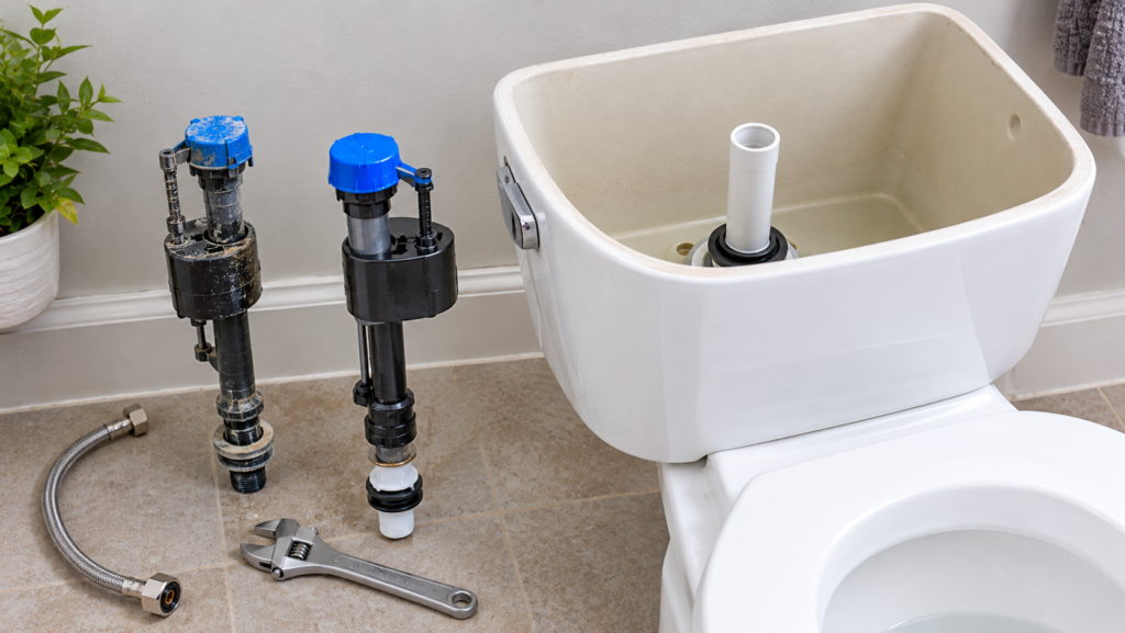 Replacement toilet fill valve and plumbing tools beside an open cistern during a repair.