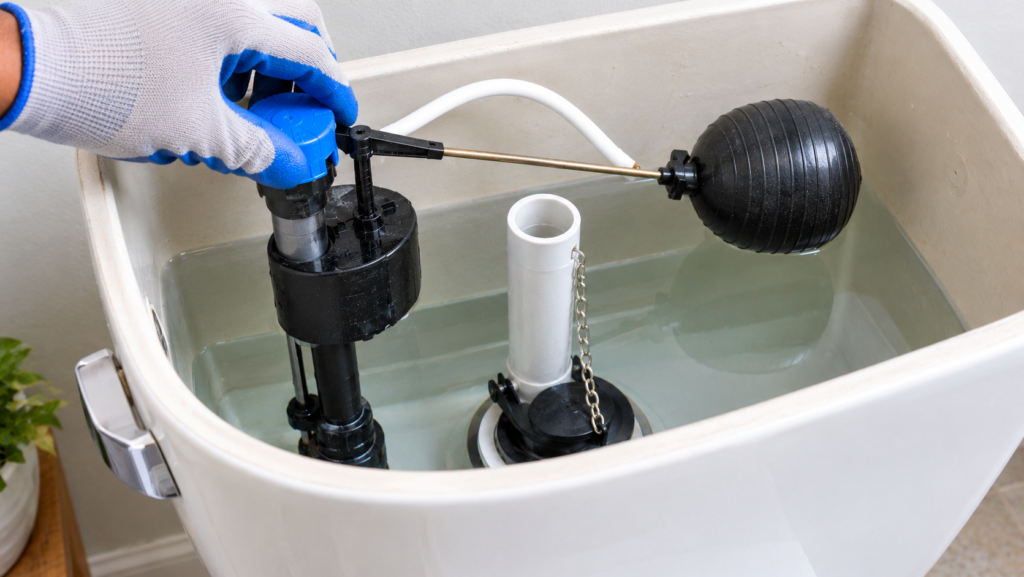 Adjusting the toilet cistern float to keep the water level below the overflow tube.