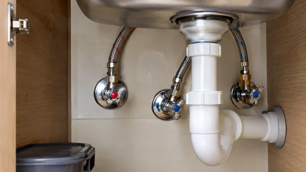 Chrome water isolation valves and flexible supply hoses beneath a kitchen sink.